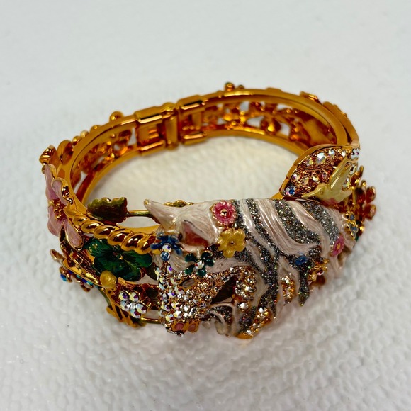 Kirks & Folly Gold Tone Enamel Horse Fairy Floral Crystal Hinge Bangle Bracelet - Picture 7 of 9